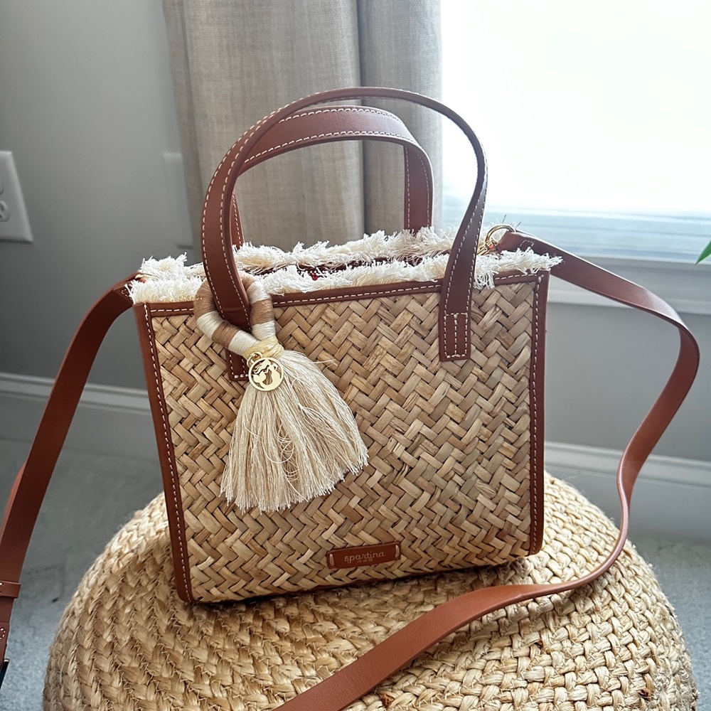 Spartina 449 Woven Straw Crossbody Tote with Tan Leather Trim & Tassel